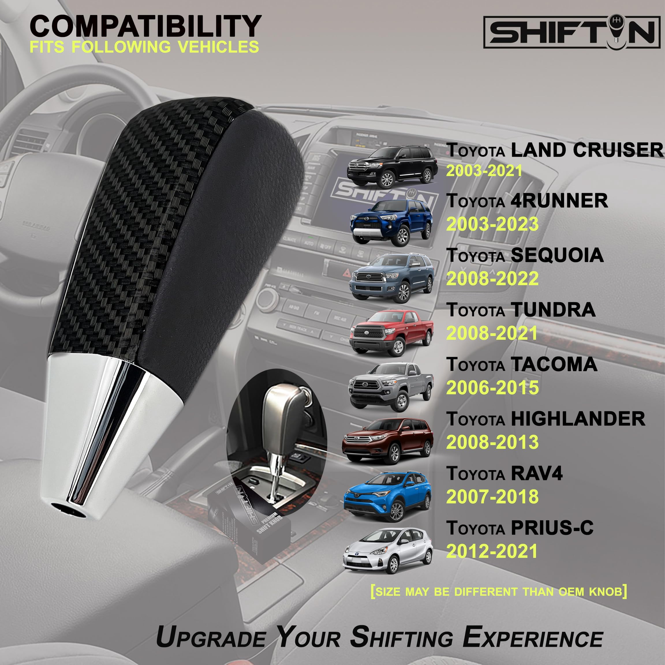 SHIFTIN Leather and Carbon Fiber Gear Shift Knob for Toyota Land Cruiser 4Runner Sequoia Tundra and Lexus (Black Leather / Carbon Fiber Pattern)