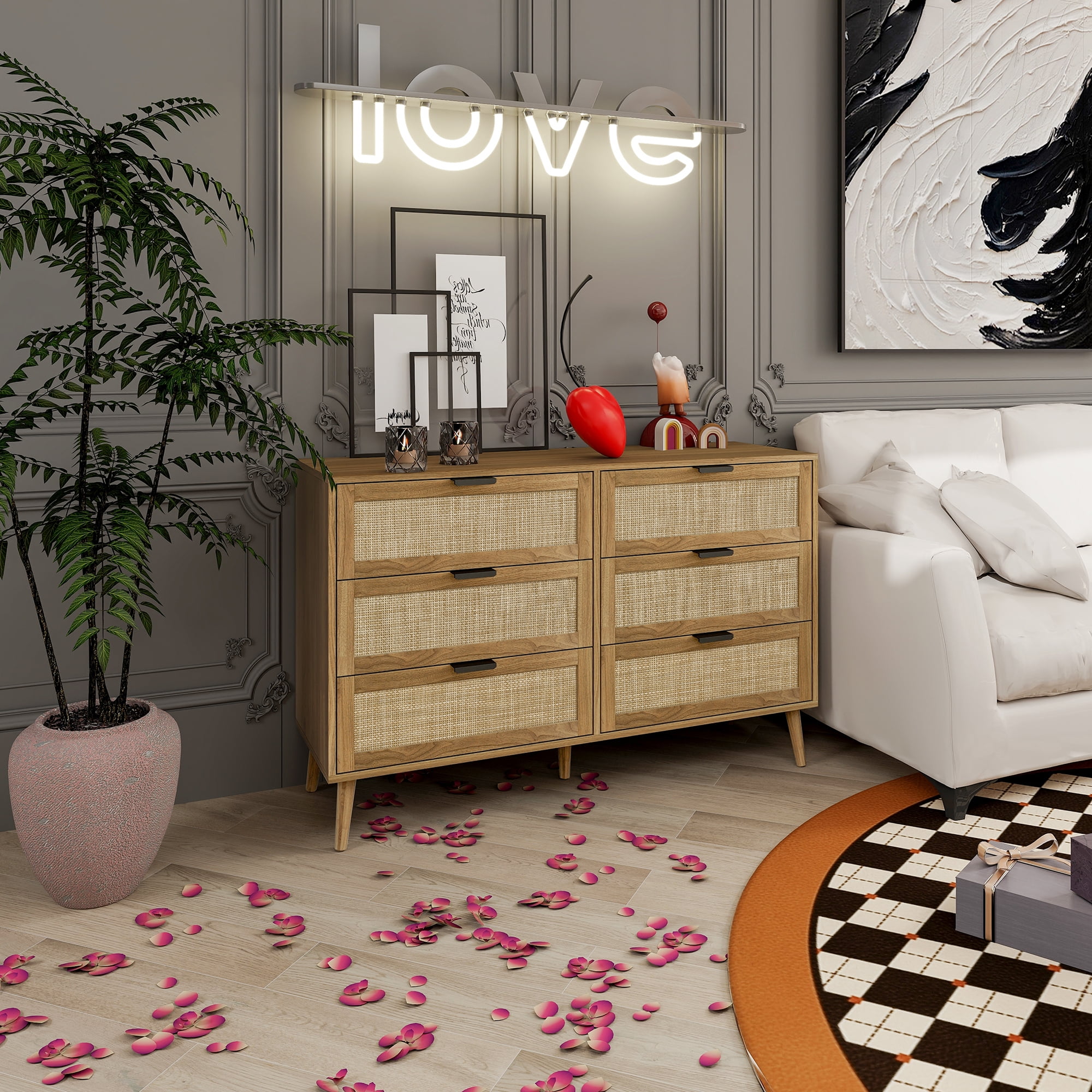 Kadyn Chest of Drawers, Rattan Nursery Dresser for Bedroom, Sideboard Buffet Cabinet with 6 Drawer, Walnut Kadyn Chest of Drawers, Rattan Nursery Dresser for Bedroom, Sideboard Buffet Cabinet with 6 Drawer, Walnut