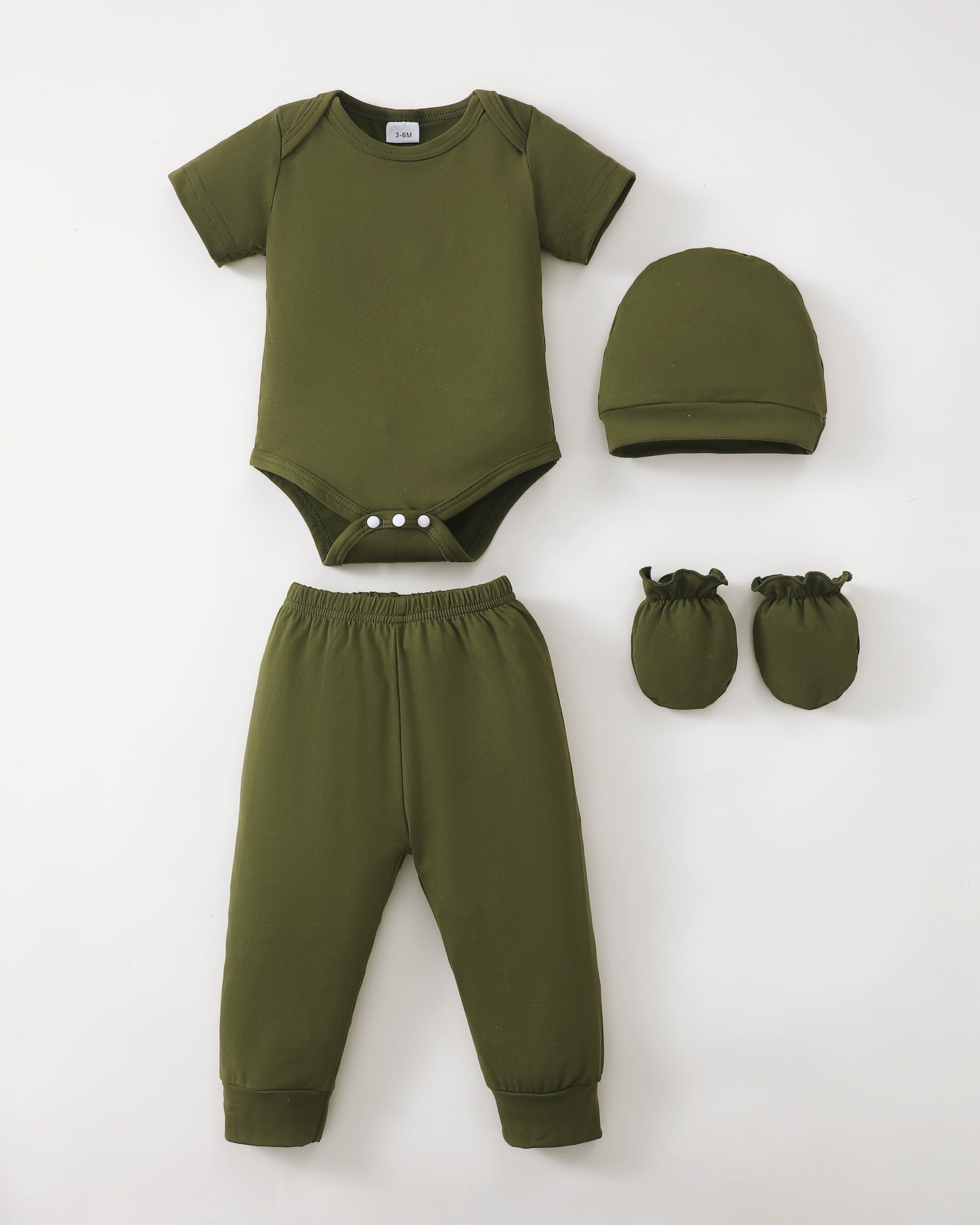 KIMI BEAR Newborn Baby Boys Layette Essentials Romper Pants Gift Sets 4 Packs Short Sleeves Dinosaur Print Bodysuit Tops Pants Set with Hats and Gloves 16pcs Outfits Green NB