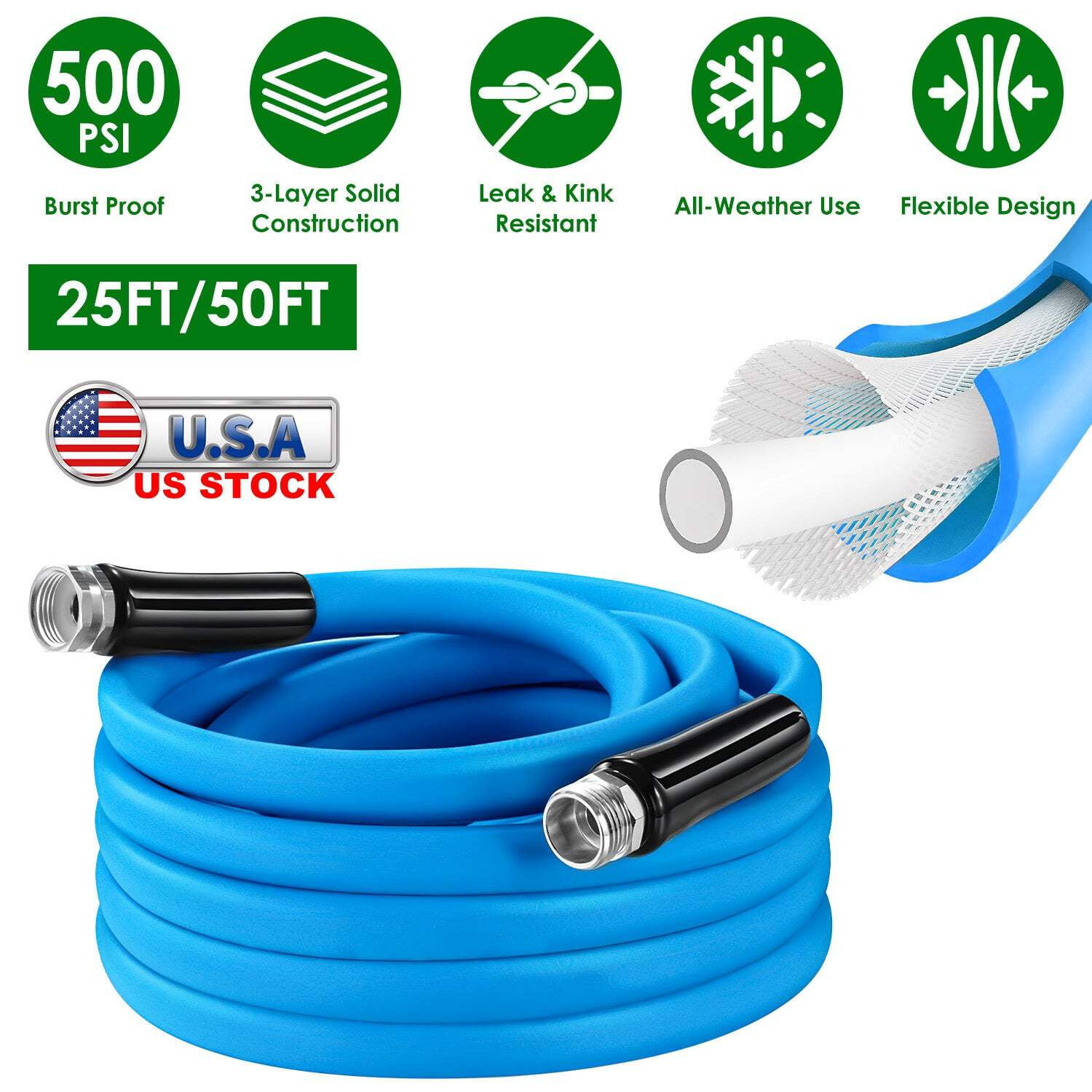 25FT/50FT 5/8" Non-Expanding Flexible Garden Hose