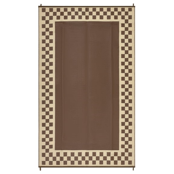 8x10ft Reversible Outdoor Rug, Striped Bordered Plastic Patio Mat, Waterproof Easy Clean Portable Carpet for Patio Garden Camping Deck - Brown Coffee