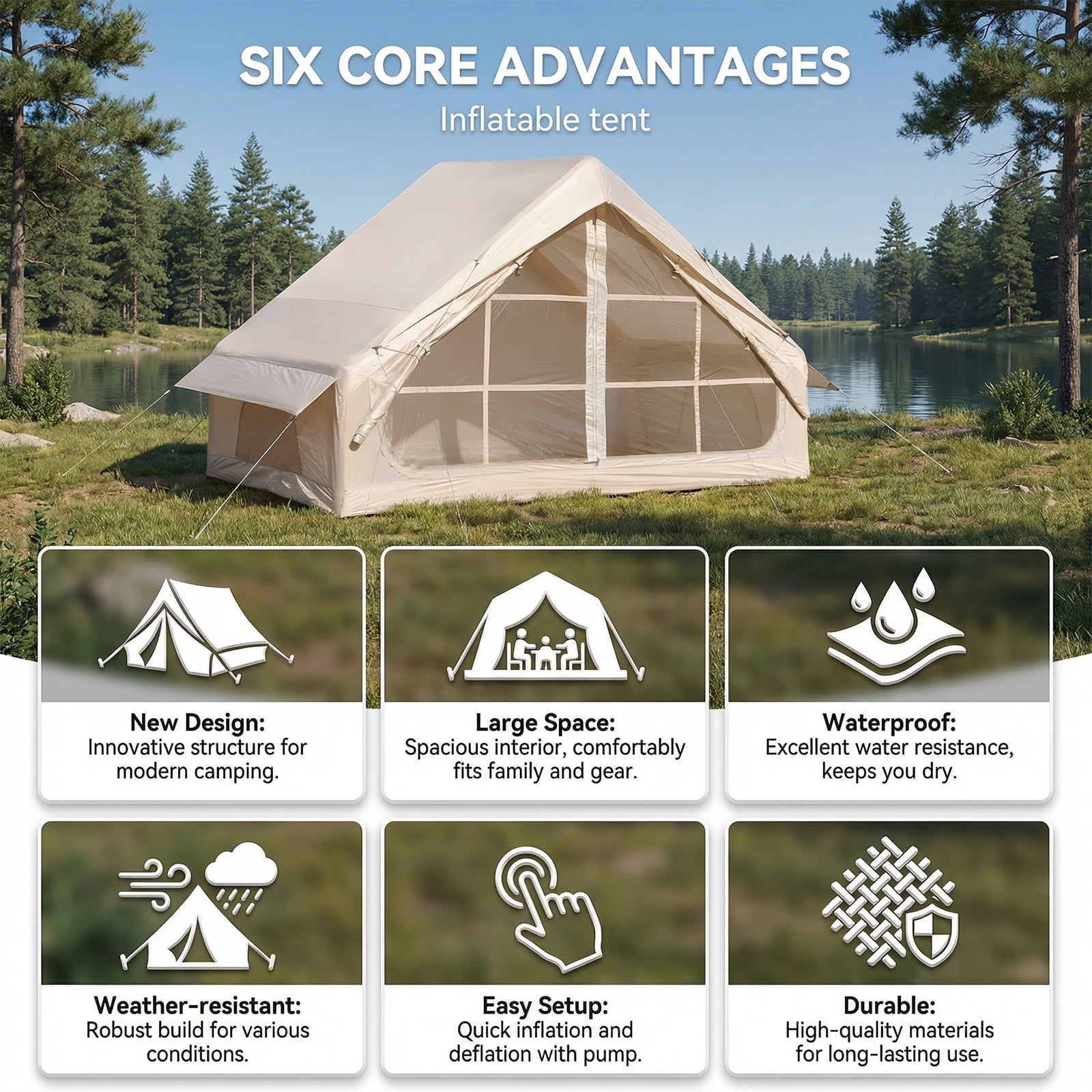 Inflatable Camping Tent with Pump, Waterproof 3-4 Person Glamping Air Tent, 210D Oxford Fabric, Instant Setup & Windproof for Outdoor Family Adventure