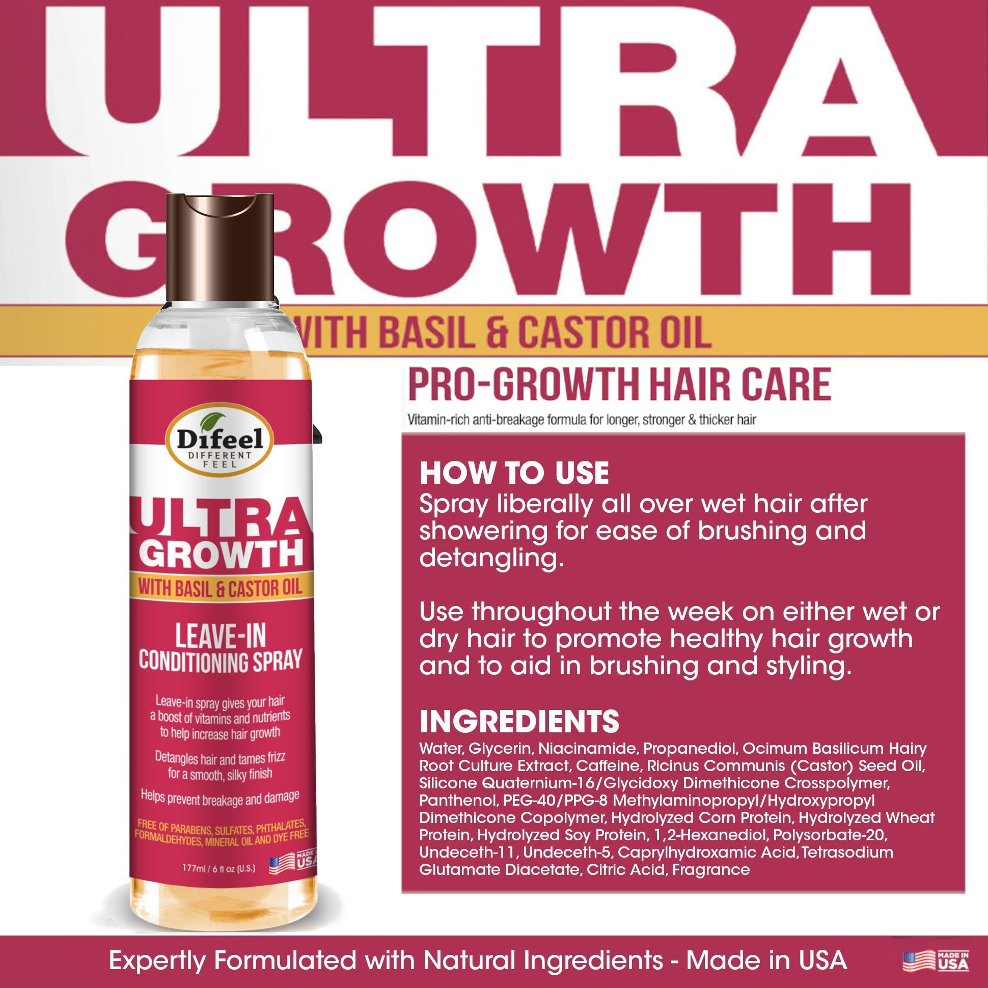 (2 pack) Difeel Ultra Growth Basil & Castor Leave In Conditioning Spray, Hair Loss Treatment Mist, 6 oz