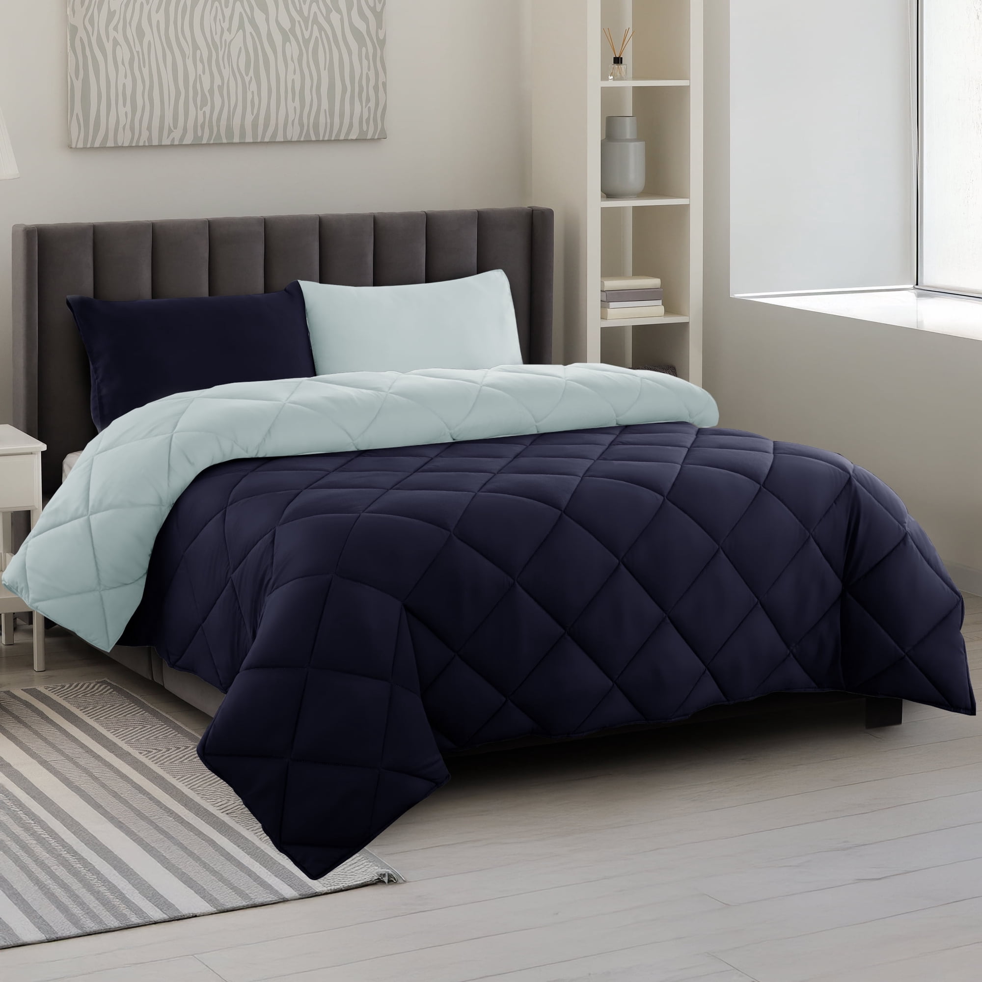 Lux Decor All-Season Comforter Sets Queen 3 PC, Reversible Bedding Set with Diamond Quilted Design Comforter and 2 Pillow Shams, Lightweight & Cozy Set de Cama Navy/Aqua Blue