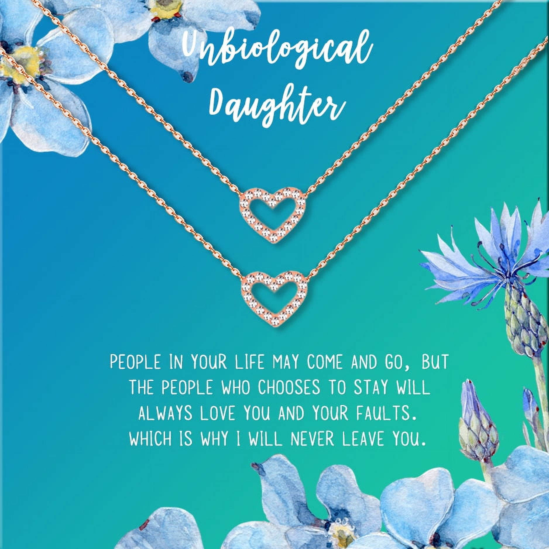 Anavia Unbiological Daughter Jewelry, Step Daughter Necklace Gift, Bonus Daughter Birthday Card Gift, Mother Daughter Set Necklace-[Two Rose Gold Mini Crystal Heart, Bright Blue Gift Card]