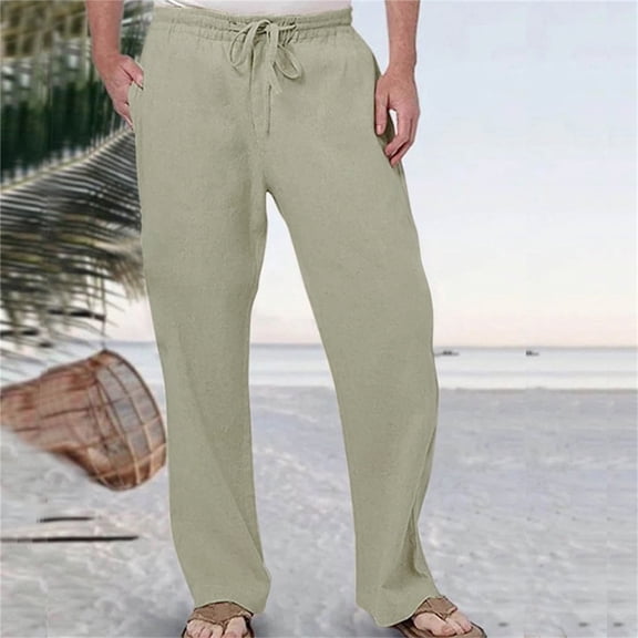 ZHOGXU Men Casual Pants With Pockets Solid Color Drawstring Elastic Waist Cotton Linen Comfortable Loose Breathable Trousers For Daily Wear,Beige,L