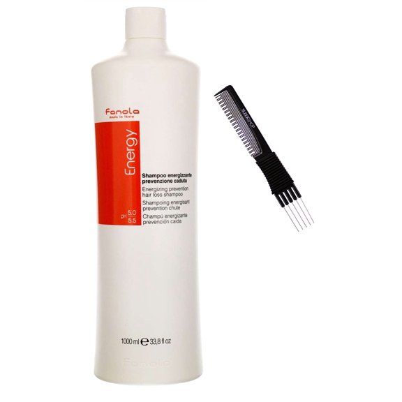 Fanola ENERGY Energizing Shampoo for Hair Loss, Weak or Limp Hair (w/ Sleekshop Premium Carbon Teasing Comb) (Energy Shampoo - 33.8 oz)