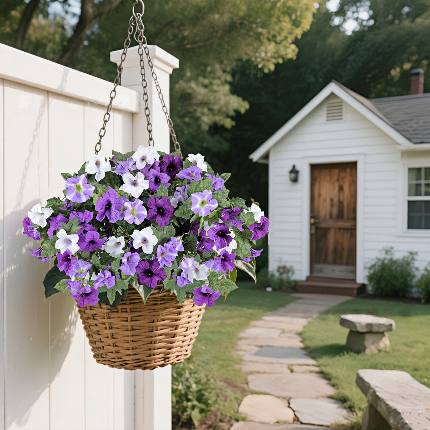 Artificial Flowers for Outdoors, 2Pcs Faux Petunias Plants for Hanging Baskets, Porch, Garden & Home Decor, Purple & White