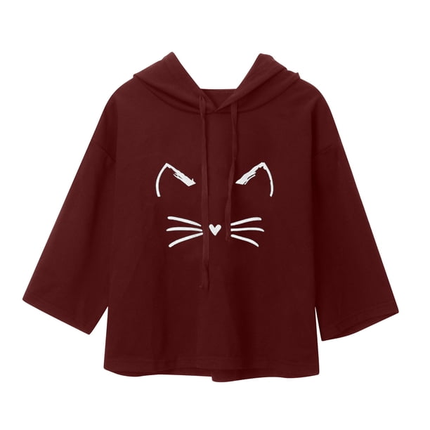 Sudadera con capucha con orejas de gato para mujer, manga corta, tops negros bonitos, blusa con estampado de gatos Pompotops hfajkhk128402