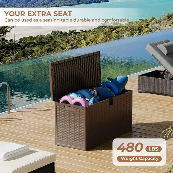 Studyset 73Gallon Brown Resin Deck Box, Outdoor Storage Box Waterproof Lockable, Patio Deck Box For Package Delivery, Outside Storage Box Container for Furniture Cushions, Garden Tools, Pool Accessori