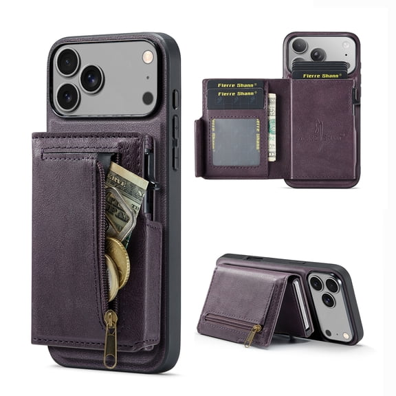 for iPhone 17 Pro Wallet Case, 2-in-1 Detachable RFID Blocking Card Holder Phone Case, Zipper Pocket, Fashionable PU Leather Flip Stand Card Slots Shockproof Cover for iPhone 17 Pro, Purple