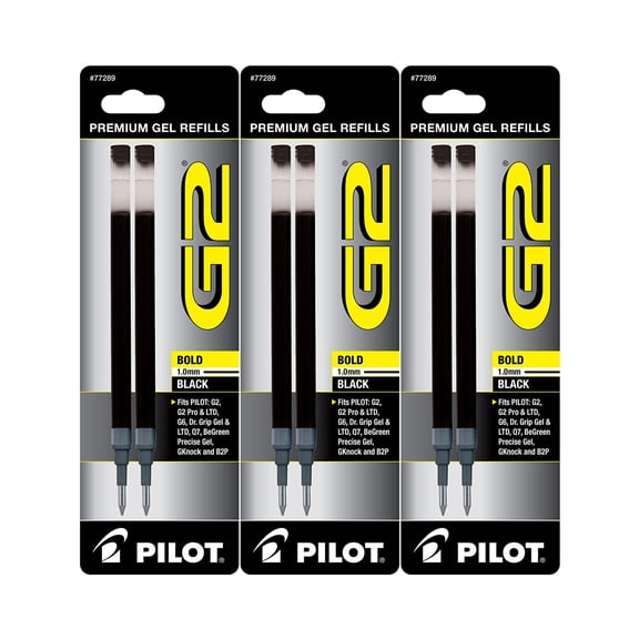 Pilot G2 Gel Ink Pen Refills, Bold Point, 1.0mm, Black Ink, 6 Refills