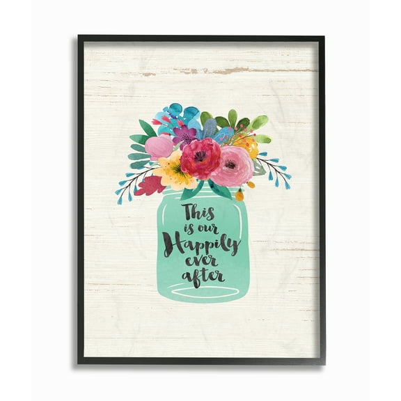 Stupell Industries This Is Our Happily Ever After Flowers Jar White Wood Novelty Painting Black Framed Art Print Wall Art, 16 x 20