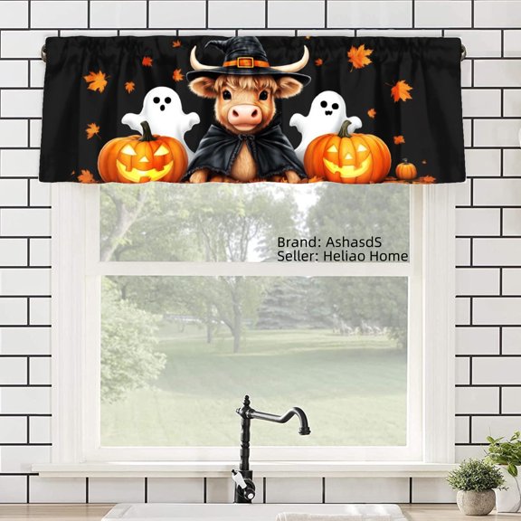 AshasdS Halloween Cow and Pumpkins Polyester Window Valance Curtain for Home Kitchen Living Room Bedroom Bathroom Decor 54x18 inch