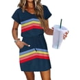 thumbnail image 2 of Levmjia Women's Casual Stripe Print Dress Short Sleeve V Neck Loose Fit Summer Dress with Drawstring Waist Front Pockets A Line Tunic Dress for Women, 2 of 6