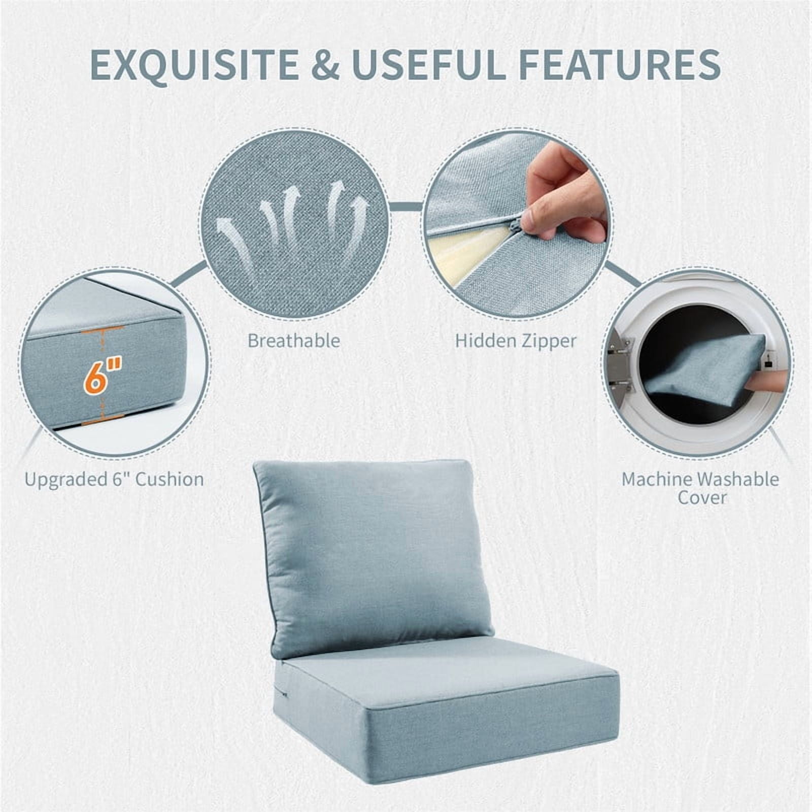 Giantfurnni Outdoor Deep Seat Cushion 24 X 24 X 6 Inch, Pack of 1, Patio Furniture Cushions with 6 Inch Foam Waterproof & Fade Resistant Perfect for Wicker Chair, Sofa, Couch, Baby Blue