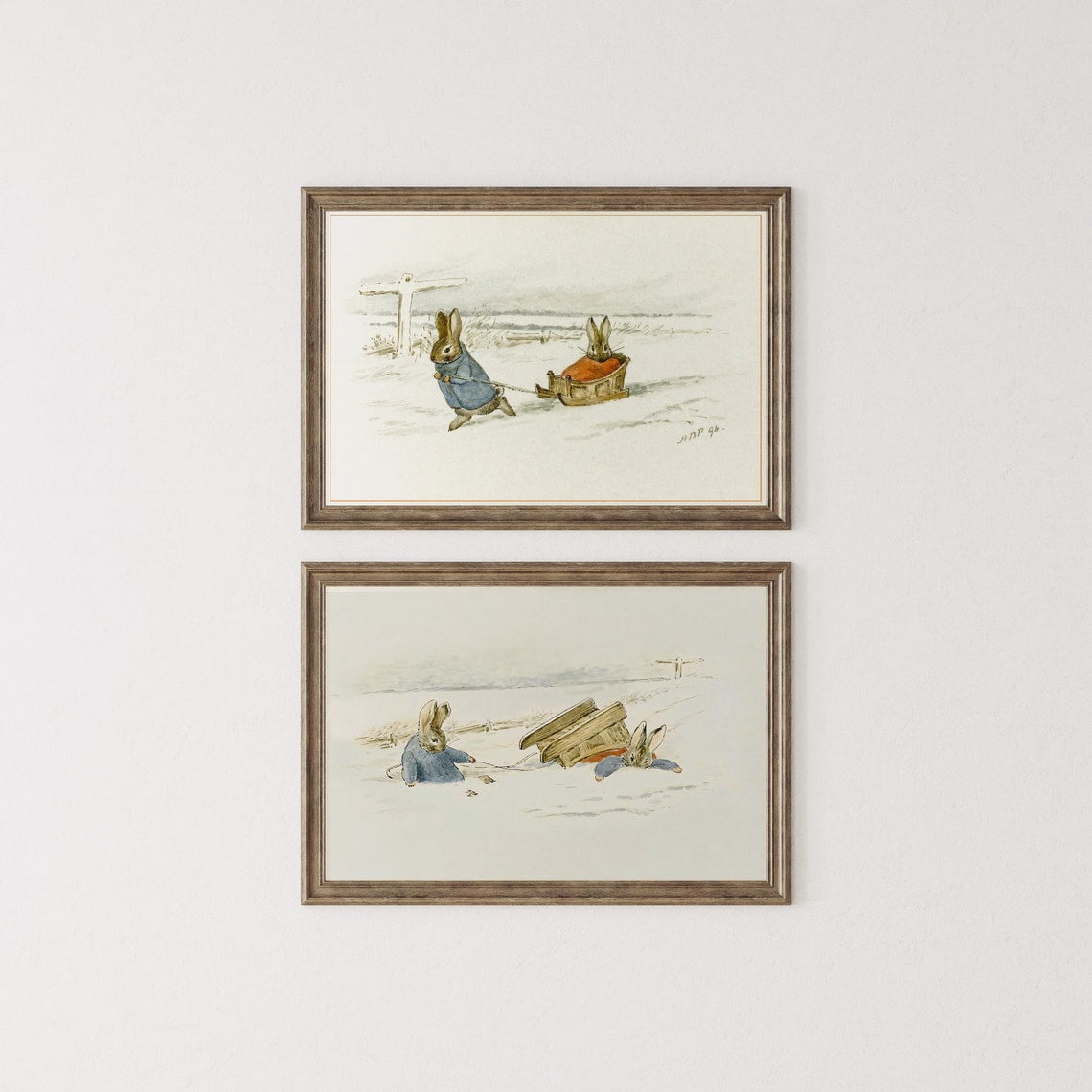 Vintage Rabbits Beatrix Potter Illustration Storybook Wall Art Room Winter Landscape Wall Art Cute Bunny Poster Art. Set 2 Set 2