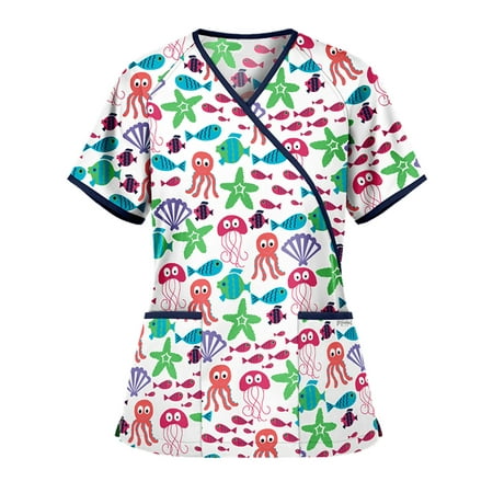 

Women Short Sleeve V-Neck Scrub Top Nurse Working Uniforms T-shirt