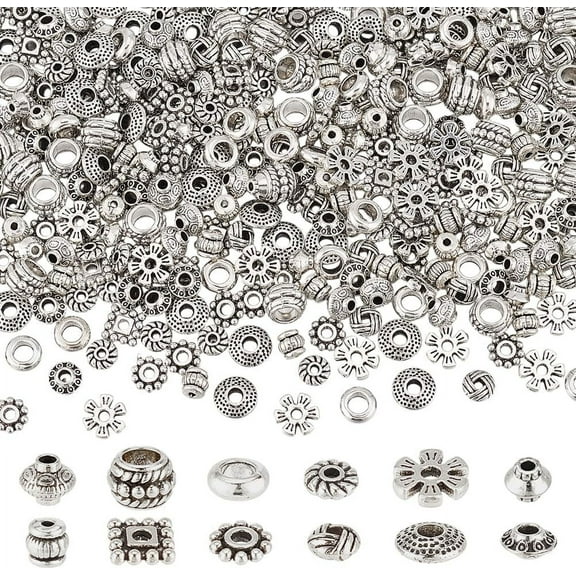 PH 360PCS 12 Styles Tibetan Spacer Beads Metal Spacer Beads Silver Bead Spacers Alloy Tube Beads Small Flat Rondelle Loose Spacer Beads for Bracelet Jewelry Making 5-8x2-6.3 mm Silver