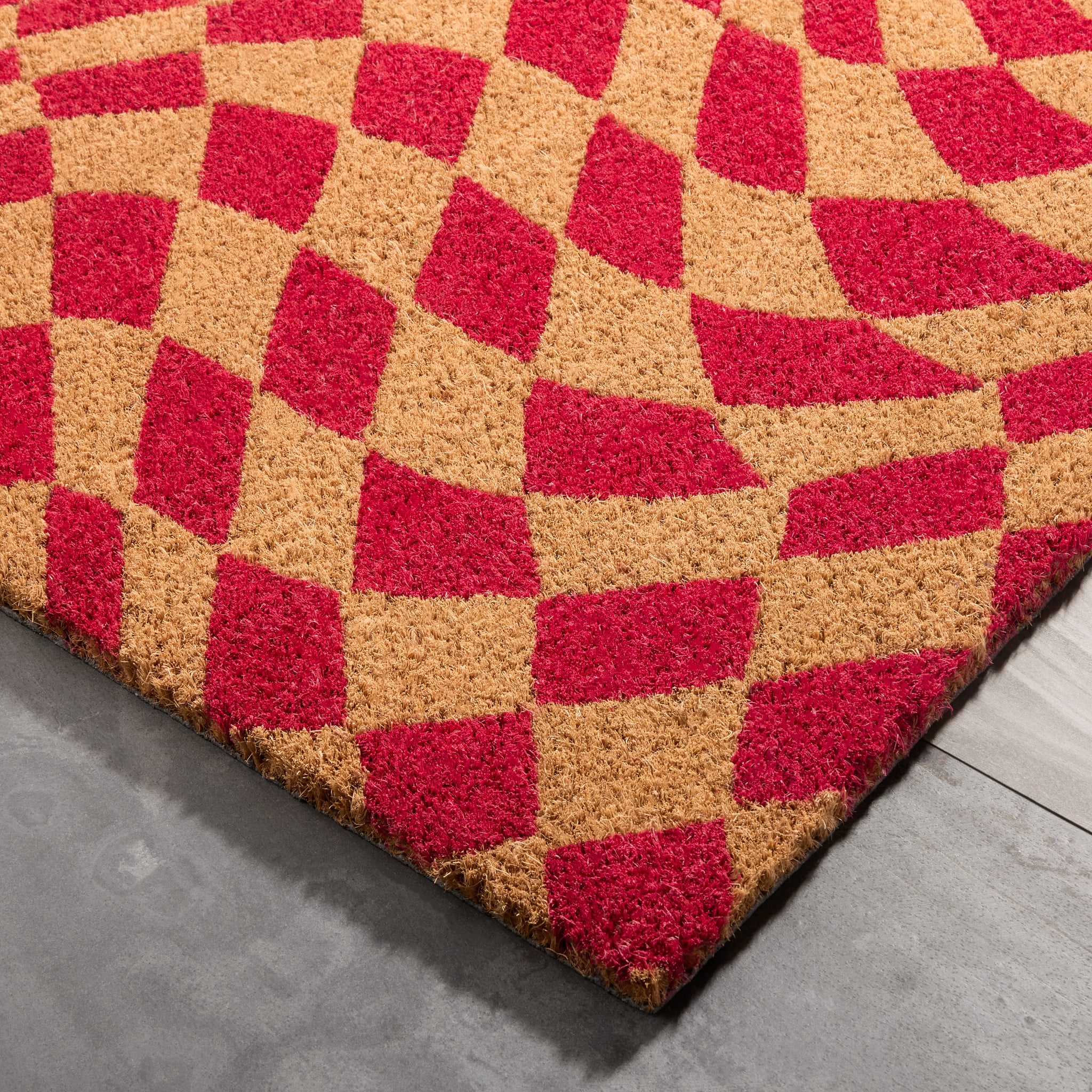 TOWN & COUNTRY TERRA Emmett Groovy Checkerboard Outdoor Door Mat, Natural Coir, Heavyweight, Non-Slip Entryway Mat, Red, 18"x30"