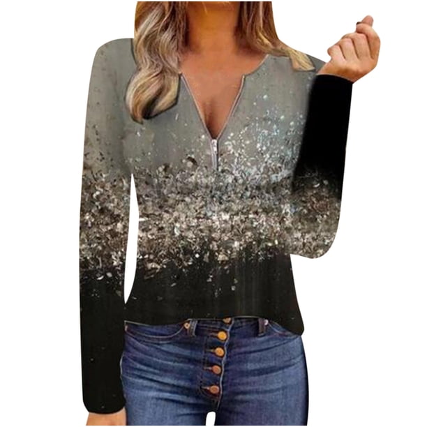 Mujeres con cuello en V Cremalleras Crop Workout Gradient Color Block Impresión Costura Manga larga Sexy Tops Fridja hkj4677