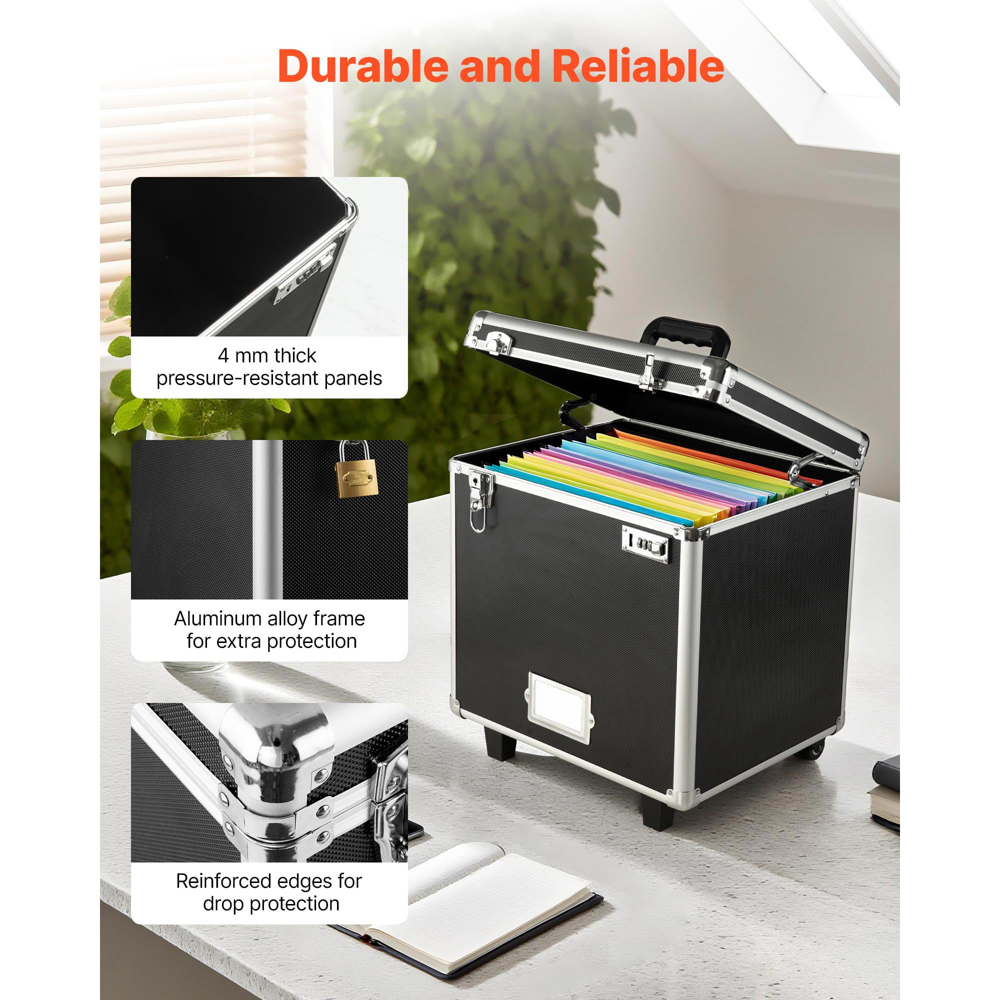 KFFKFF Portable File Storage Box, 15.6 x 12.6 x 15 inch Internal Dimensions, Lockable Mobile Organizer with Telescopic Handle, Rolling File Case for Home, Office, Hospitals, and Banks