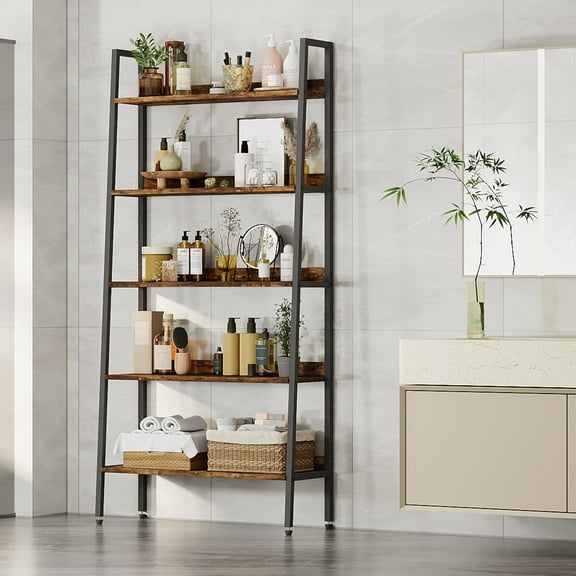 5 Tiers Bookshelf, 67" Tall Classical Modern Bookcase, Tall Display Shelves in Living Room/Home/Office, Industrial Metal Frame Book Storage Organizer for CDs/Books/Movies, Rustic Brown