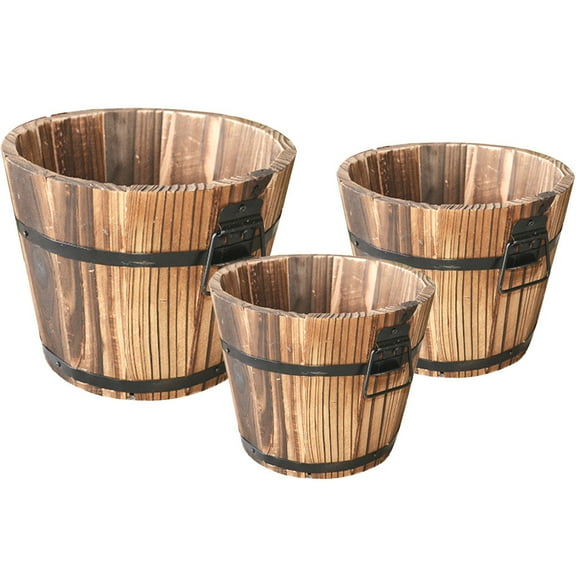 AURORA TRADE TRADE Rustic Wooden Whiskey Barrels Bucket with Handle Flower Planter Plant Pots Boxes Container Water Wishing Well Pail Patio Garden Backyard Primitive Planter Outdoor Decor