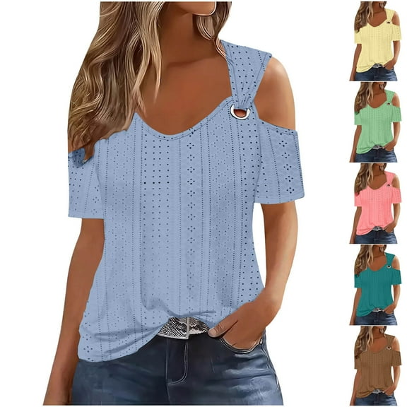 Simua Womens Summer Eyelet Tops V-Neck O Ring Cold Shoulder Tank Tops Casual Short Sleeve T-shirt Blouse