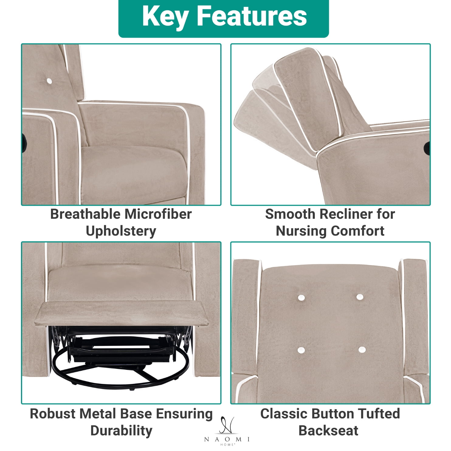 Odelia Solid Wood Microfiber Swivel Glider Rocker Recliner Chair, For Living Room, Bed Room Mocha,Microfiber