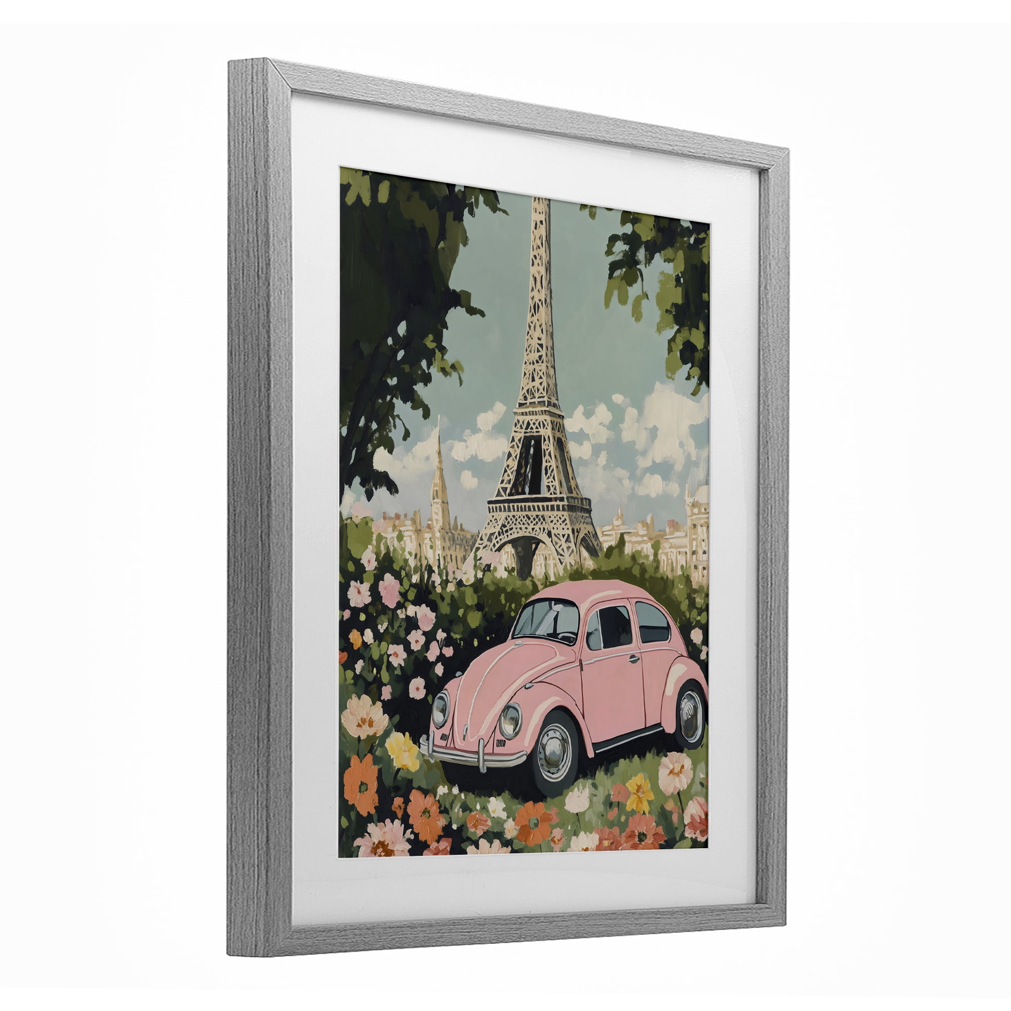 Stupell Industries Paris Pink Car in Bloom Gray Framed Print Under Glass, design by The Prints Vibe
