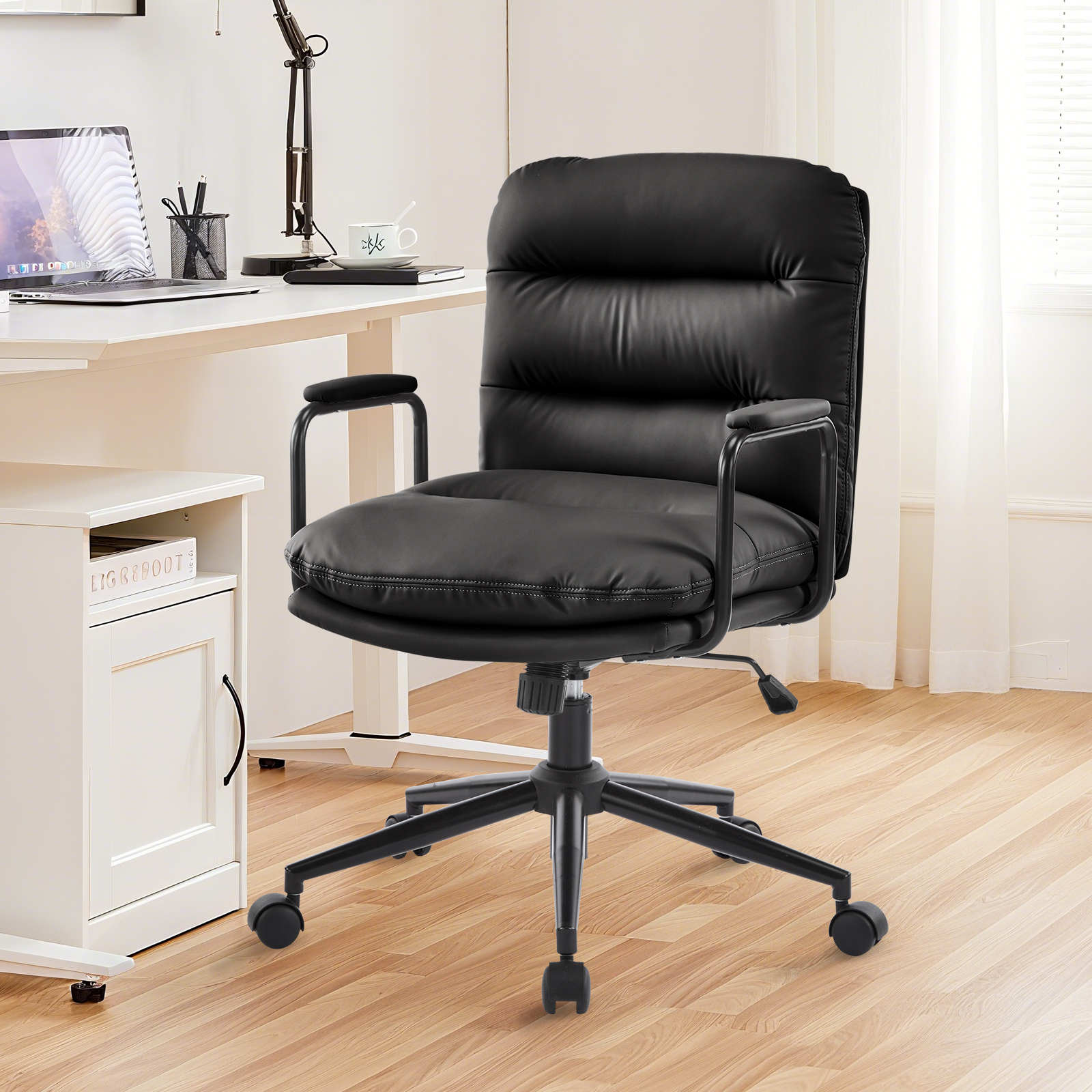 Falvinoryn Modern Office Chair, High Back Ergonomic Task Chair with Padded Armrests and Double Cushion, Swivel Home Office Desk Chair, Faux Leather Executive Armchair for Home, Bedroom (Black)