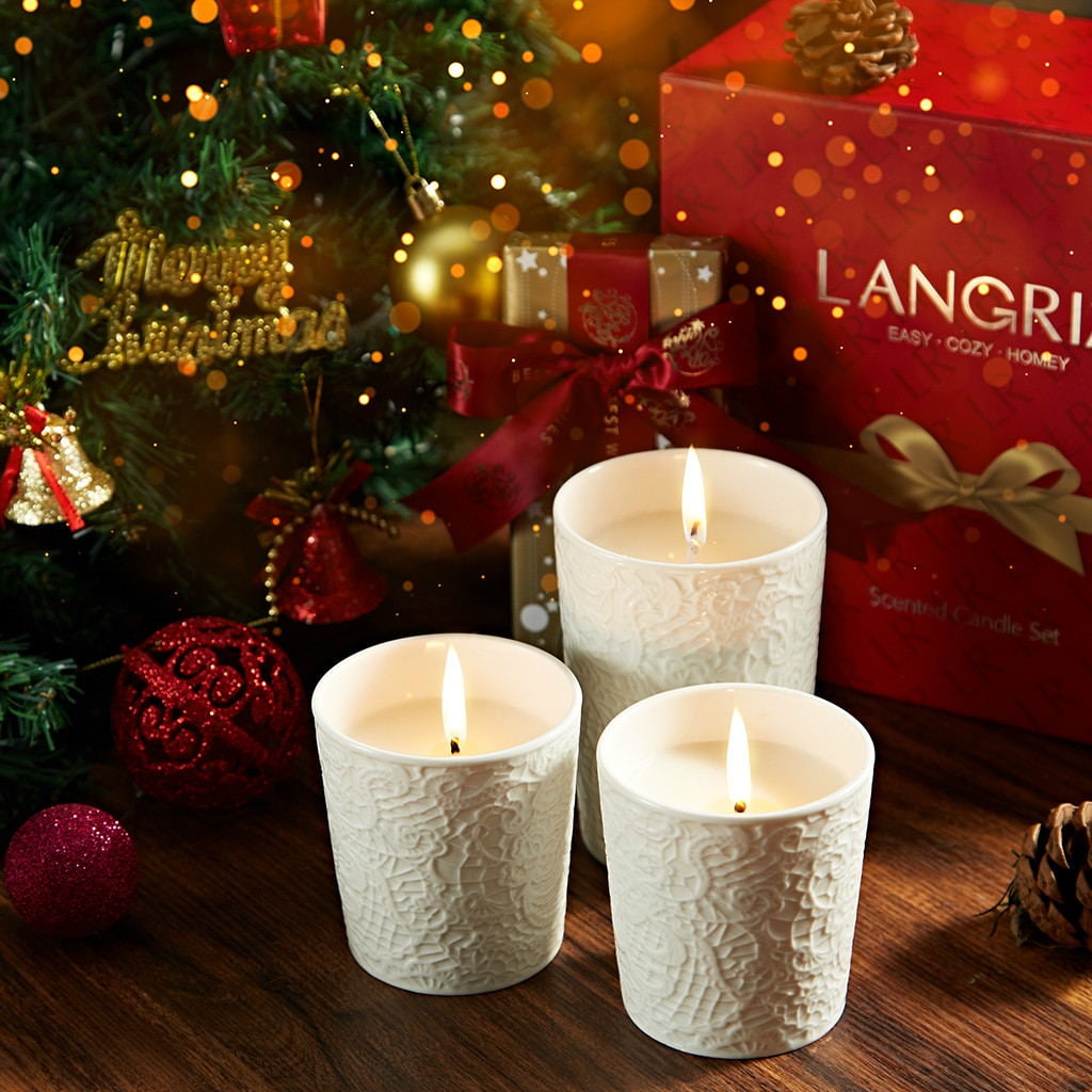 Lavender Scented Candle in Lace Textured Cup with Handy 3-In-1 Kit, 9.9 oz 100% Soy Wax 40 Hours Burn, Exquisite Ceramic Cup Set with Beautiful Gift Box