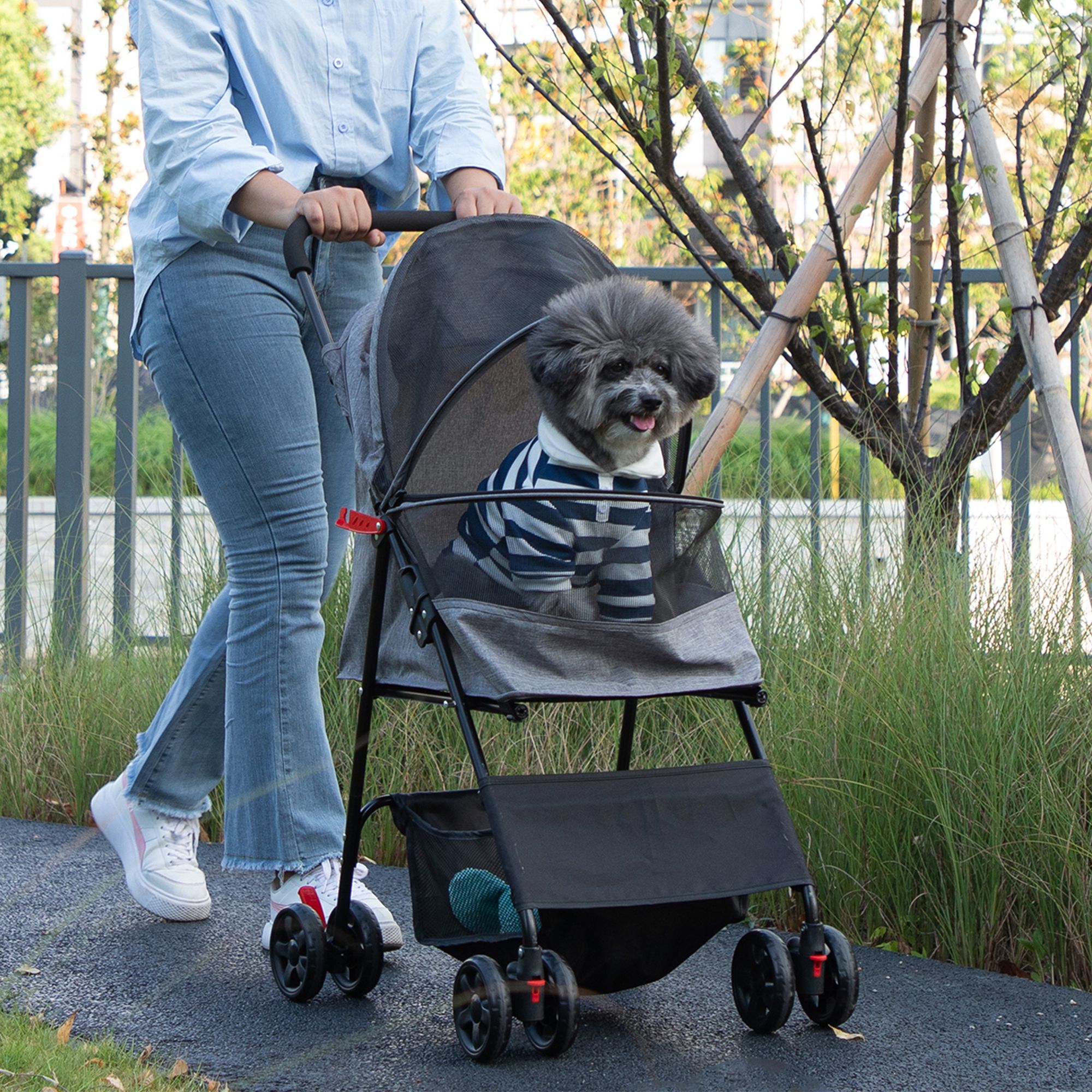 Pefilos 4 Wheels Foldable Pet Stroller, Small Dog Cat Stroller with Storage Basket for Small Puppies, Carrier Jogger Travel Puppy Stroller, Gray