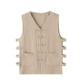 thumbnail image 2 of VBTAPA Men Plus Size Vest Basic Solid Cotton Linen Waistcoat Vintage Buckle Undershirt Loose Casual Sleeeveless Shirt with Pockets Beige L, 2 of 7