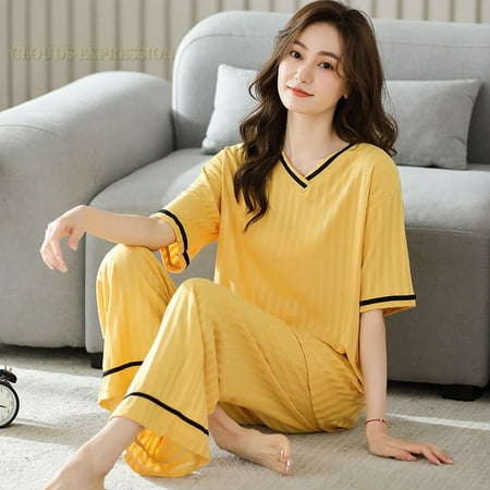 

QWZNDZGR Summer Knitted Cotton Elegant Pajamas Set Women Pyjamas Polka Dots Sleepwear Nightwear Pijama Mujer Plus Size Calf-Length Pants