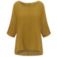 thumbnail image 4 of T-Shirt Femme Couleur Unie Haut Décontracté Col Rond Manches Courtes Blouse en Lin, Jaune, 4TG, 4 of 8