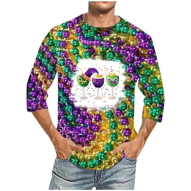 TIMIFIS 3/4 Chemise à Manches Homme Mardi Gras T-Shirt Col Rond Décontracté Ample Imprimés Carnaval Fête Vacances