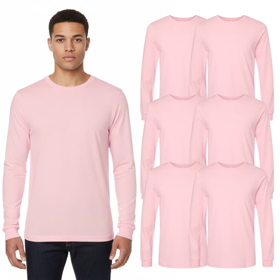 BELLA CANVAS Men Jersey Long Sleeve T-Shirt, Crewneck Retail Fit Pink 6 Pack Bulk Tee, L
