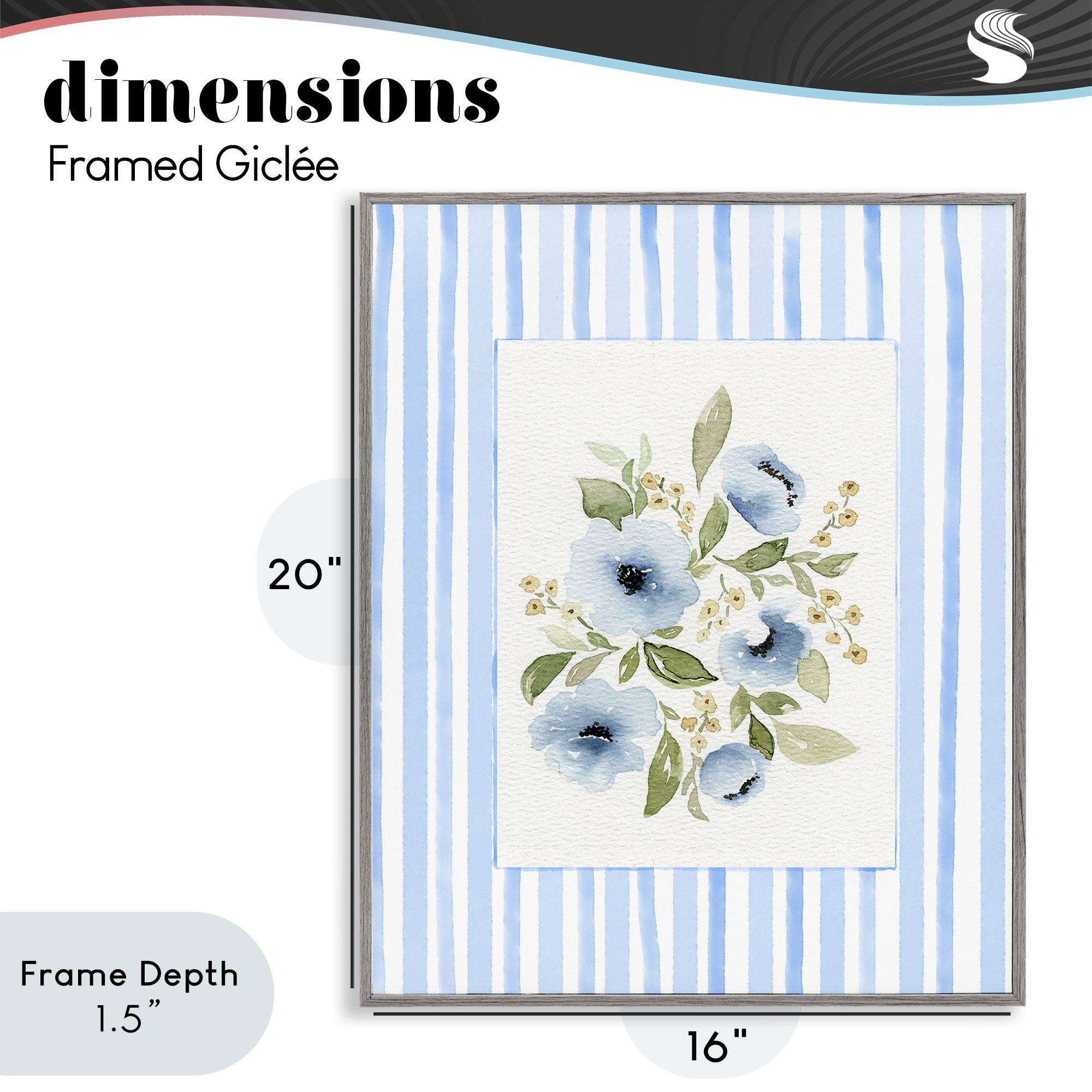 Stupell Industries Flowers with Blue Stripes Gray Framed Giclee Art, design by Leah Noel Art