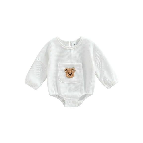 Bagilaanoe Newborn Baby Boy Girl Romper Tops Casual Long Sleeve Bear Embroidery Bodysuit 6M 12M 18M 24M Front Pocket One-Piece Pullover