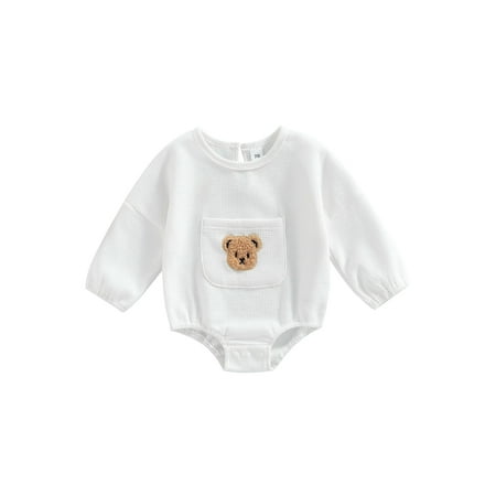 

Musuos Baby Boy Girl Romper Long Sleeve Bear Front Pocket Waffle Knit Bodysuit Top
