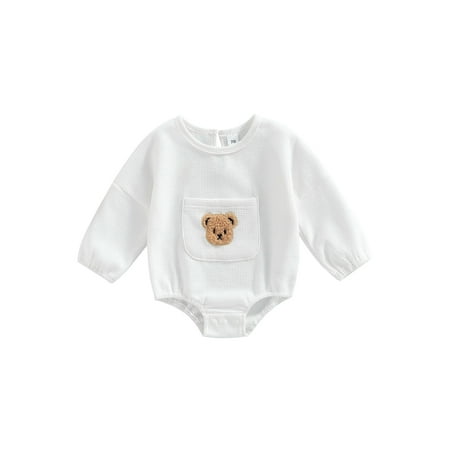 

Gwiyeopda Newborn Infant Baby Waffle Knit Romper Casual Long Sleeve Bear Embroidery One-Piece Bodysuit Jumpsuit