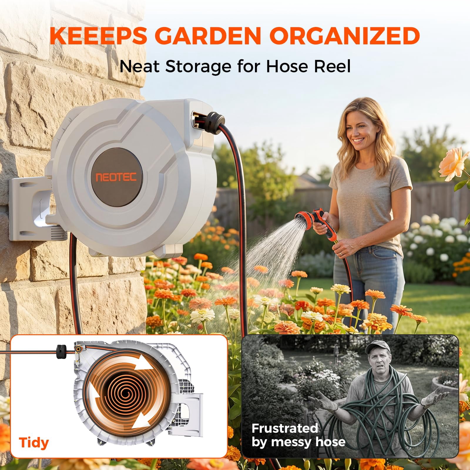 White Retractable Garden Hose Reel 1/2 inch x 130 ft Any Length Lock 9 Pattern Nozzle Wall-Mounted Automatic Slow Return 180° Swivel UV Resistant Heavy Duty Hose Reels for Outside