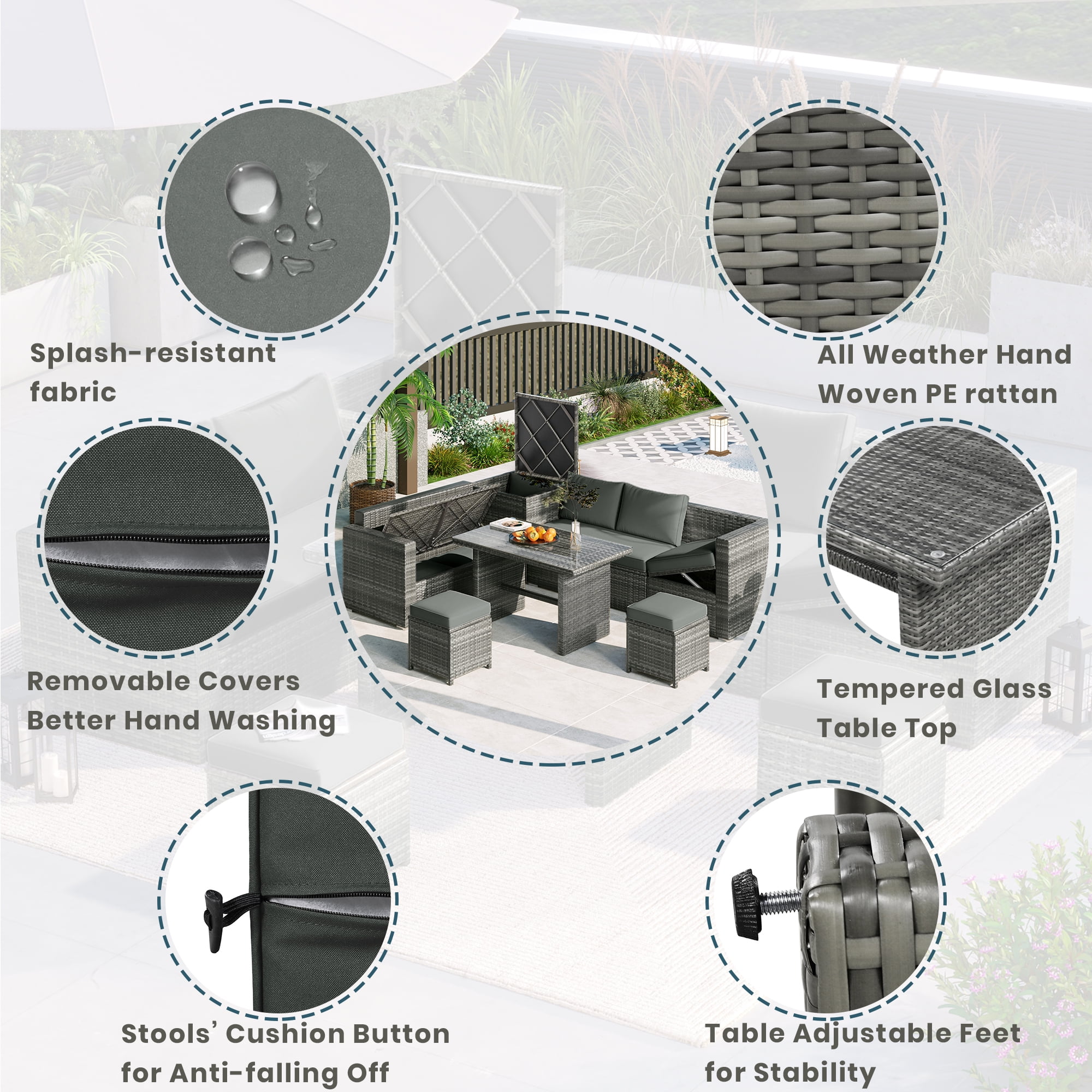 Euroco 6-Piece All Weather Outdoor Rattan Sofa Set, Patio Wicker Sectional Furniture Set with Glass Top Table, Storage Box, for 7 Persons, Gray