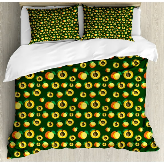 Fruits Duvet Cover Set Queen Size, Food Themed Pattern of Apricots as Whole and Half in Continuous Pattern, Decorative 3 Piece Bedding Set with 2 Pillow Shams, Emerald and Multicolor, by Ambesonne