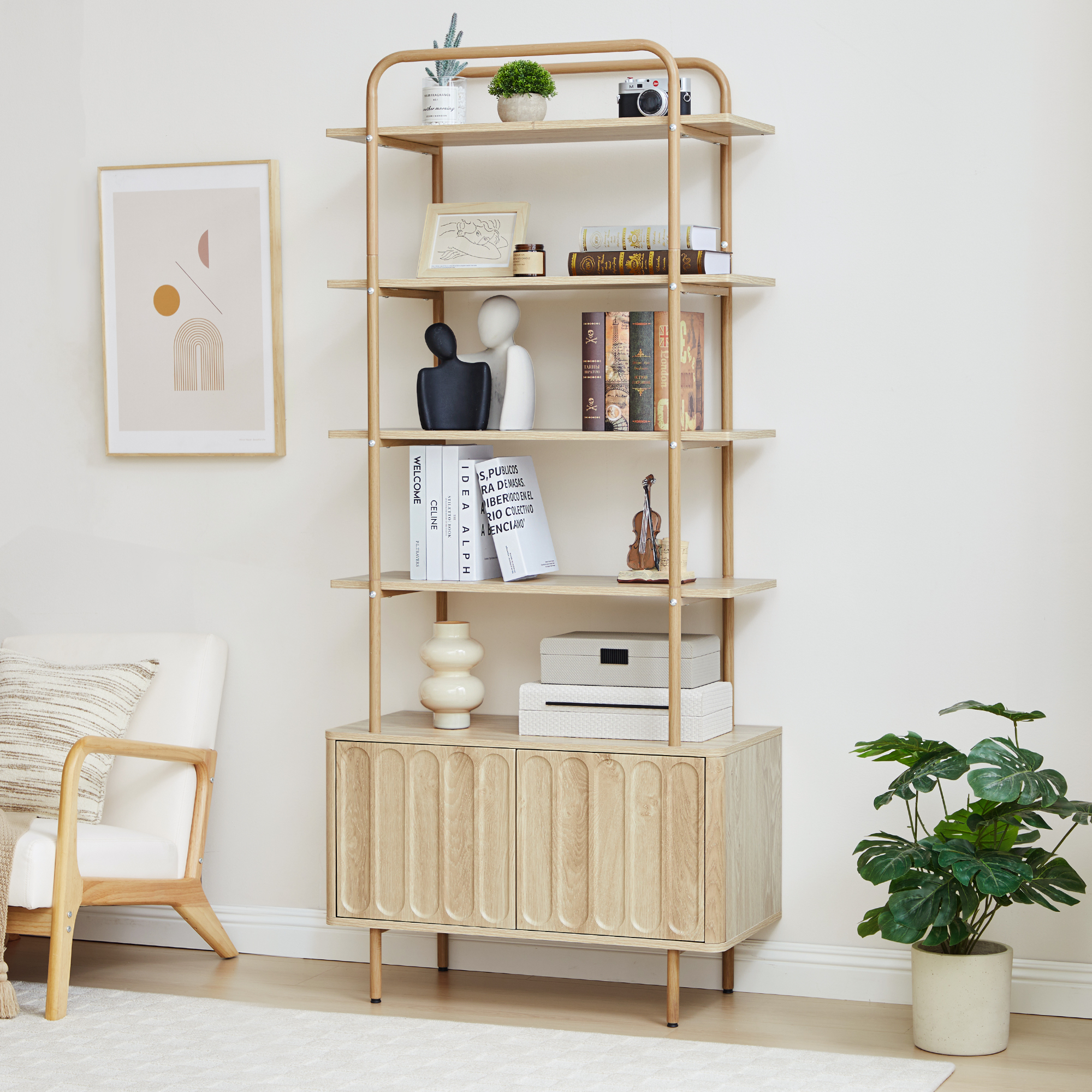 Weselon 5 Tier Ladder Bookshelf with Hidden Storage Cabinet with Doors, Fluted 5-Shelf Wall Mounted Bookcases with Open Display Shelf, Light Honey Wood Finish