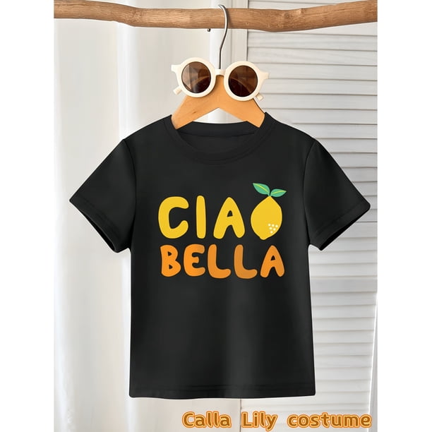 Girls' Summer Short Sleeve T-Shirt - White Stretchy Casual Top with Lemon Slice & "Ciao Bella" Graphic Print, Round Neck for Outdoor Play, Sports & Daily Activities, Cheerful Design | Comfortable Fit