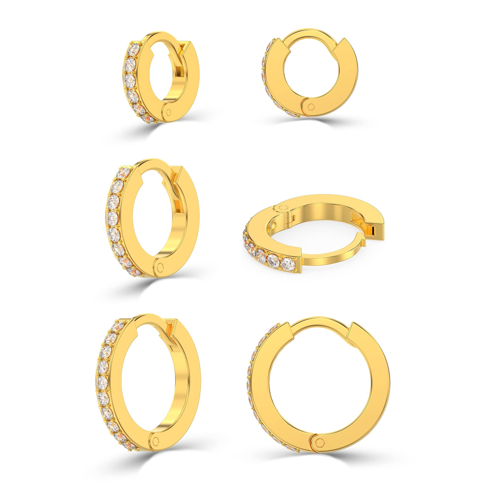 LeCalla 925 Sterling Silver 18K Yellow-Gold Plated Post Small Hoop Earrings Hypoallergenic CZ Huggie Hoop Earring for Women Set of 3 Pair (8MM, 10MM, 12MM)