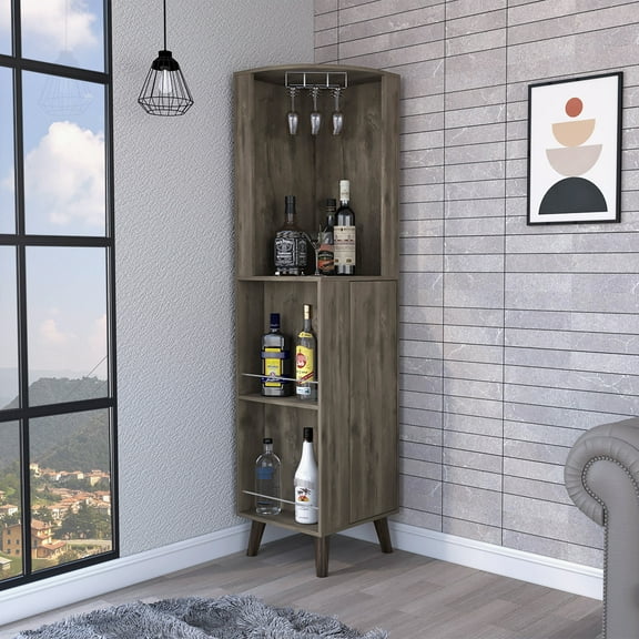 Dark Brown Corner Storage With Cup Rack And Versatile Shelving Bar Cabinet Extra Drawer For